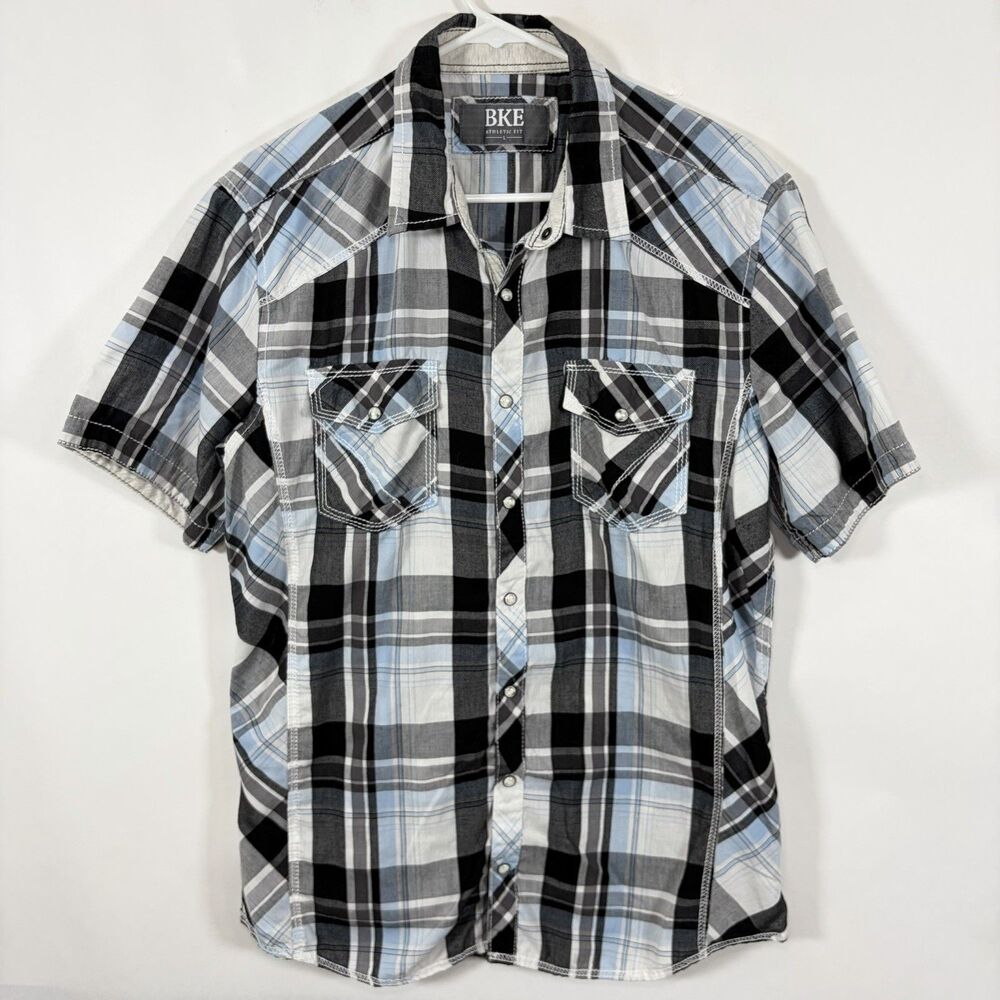 BKE Athletic Fit Pearl Snap Shirt Mens Large Blue Black Plaid Pockets Western